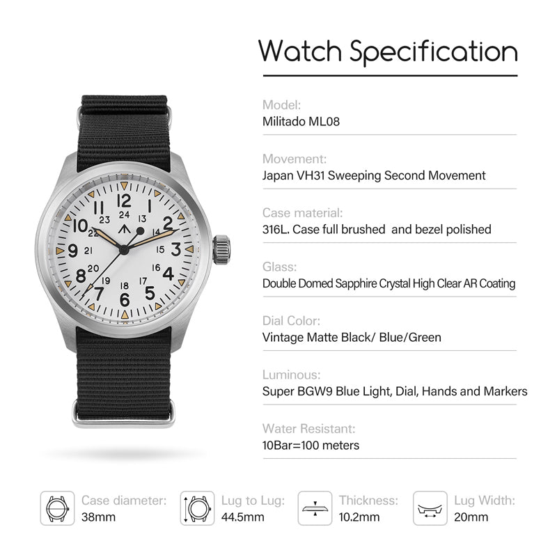 ★11.11 Sale★Militado 38mm Retro VH31 Military Watch ML08