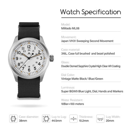 ★11.11 Sale★Militado 38mm Retro VH31 Military Watch ML08