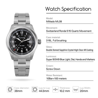 ★11.11 Sale★Militado 38mm Sapphire Crystal Field Watch ML08 Grey Dial