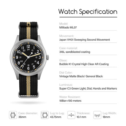 Militado 36mm High Domed VH31 Field Watch ML07