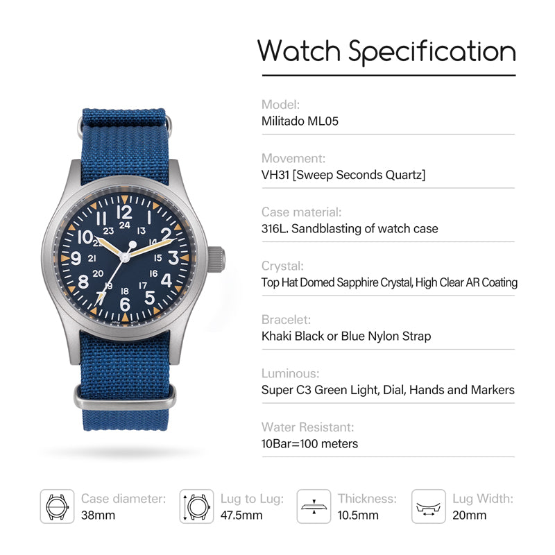 Militado VH31 Vintage Military Watch ML05 Blue Dial