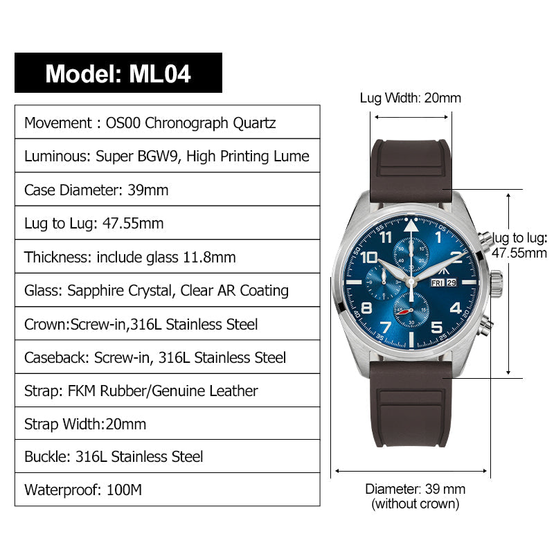 Militado 39mm Vintage Chronograph Quartz Watch ML04