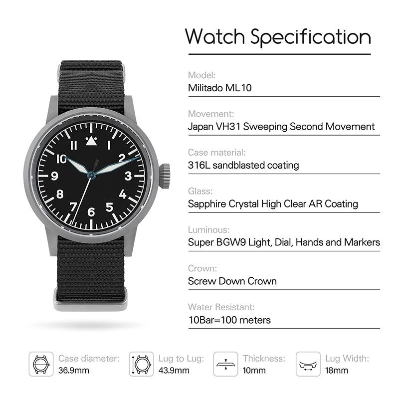 Militado 37mm Sapphire Crystal Retro Flieger Pilot Watch ML10 V2