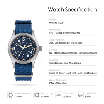 ★618 Big Sale★ Militado VH31 Vintage Field Watch ML05 24hours Black Dial