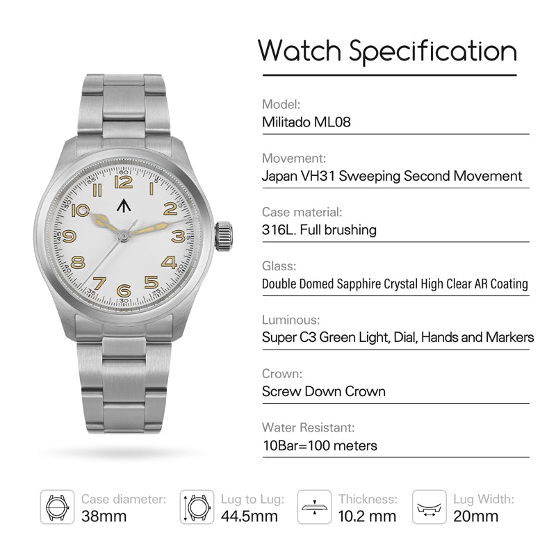★11.11 Sale★Militado VH31 38mm Sapphire Crystal Field Watch ML08 White Dial
