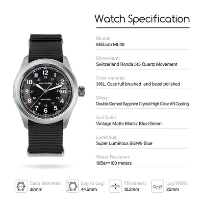 ★11.11 Sale★Militado 38mm Retro VH31 Military Watch ML08