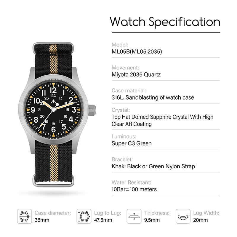 Militado 38mm Field Watch 2035 Movt Military Watch ML05B