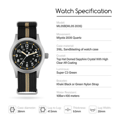 Militado 38mm Field Watch 2035 Movt Military Watch ML05B