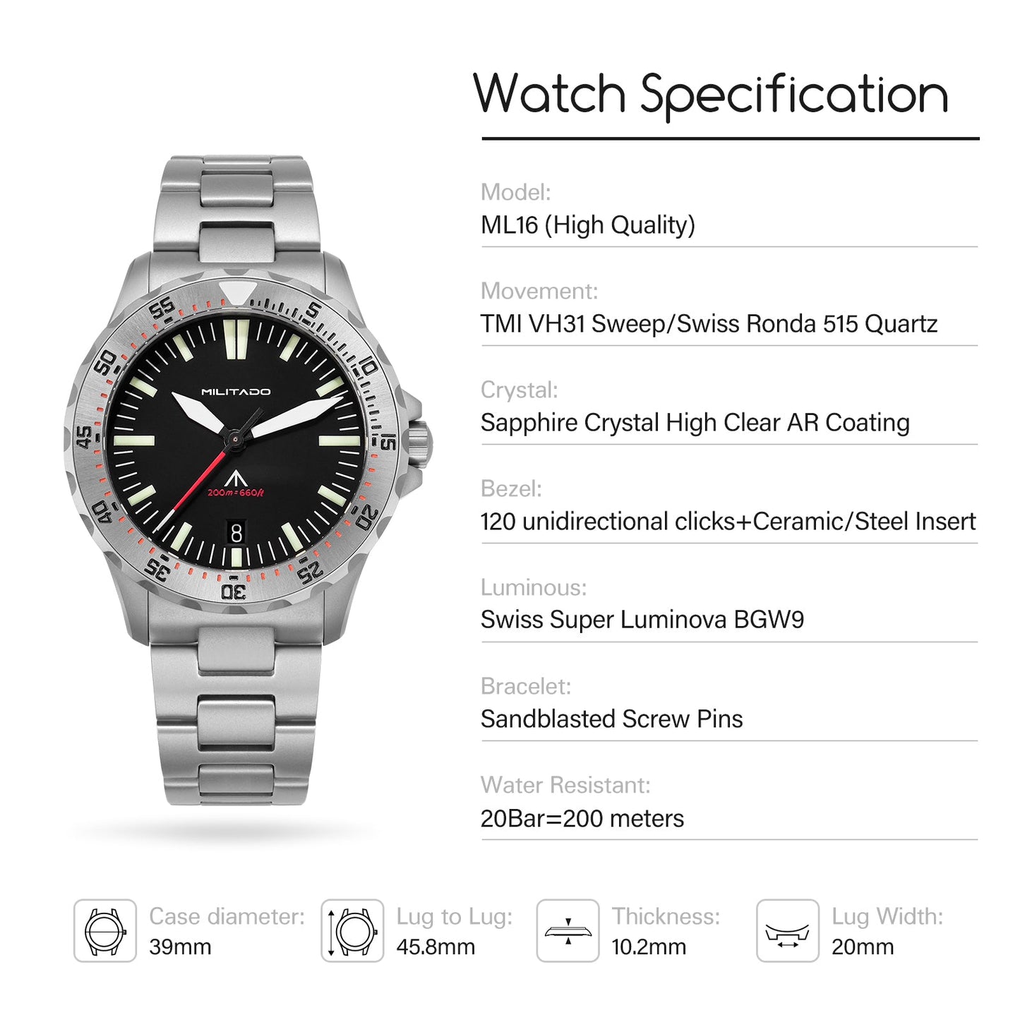 ★Hot Selling★Militado 39mm Dive Watch Sapphire Crystal Military Watch ML16