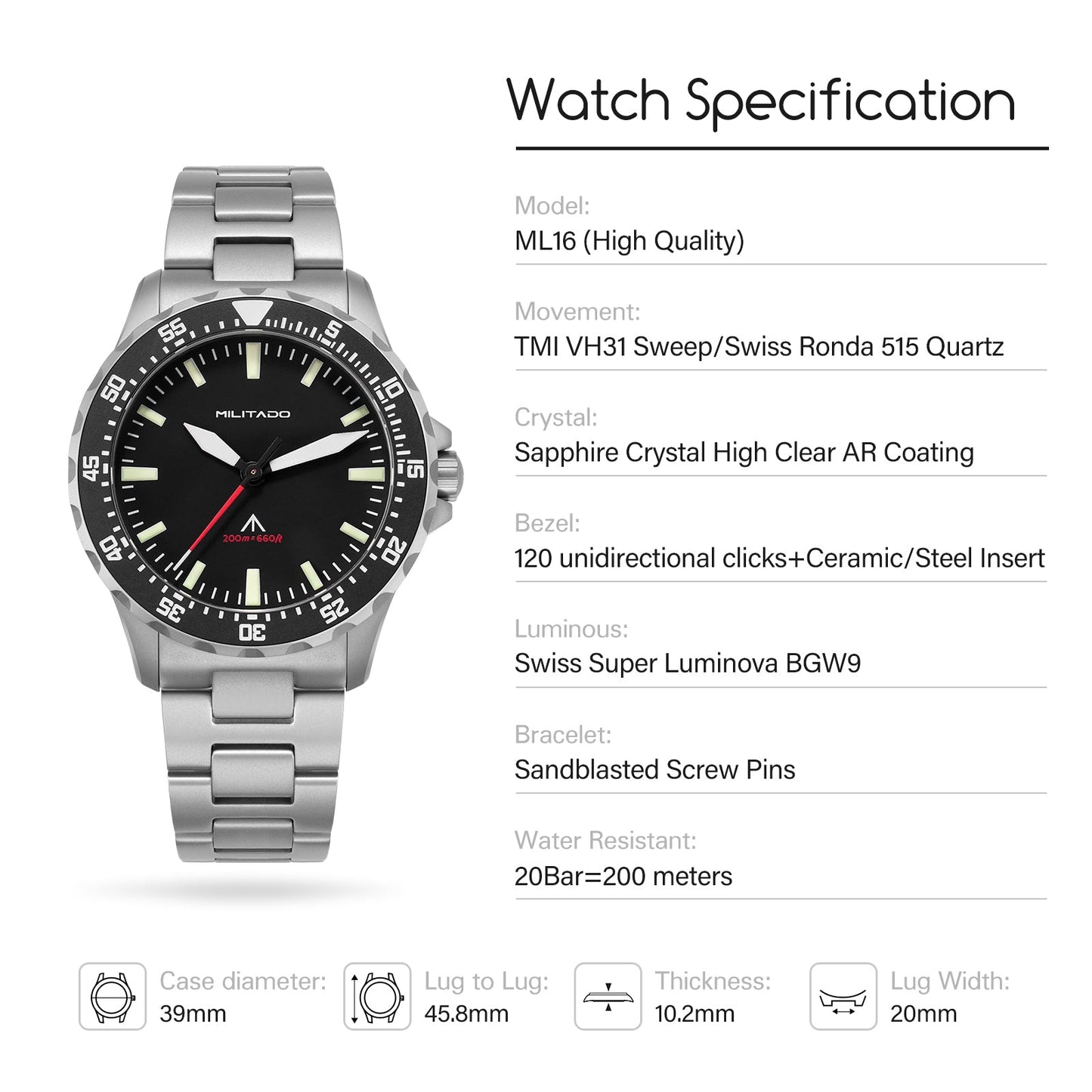 ★Hot Selling★Militado 39mm Dive Watch Sapphire Crystal Military Watch ML16