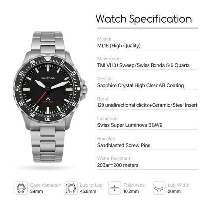 ★Hot Selling★Militado 39mm Dive Watch Sapphire Crystal Military Watch ML16