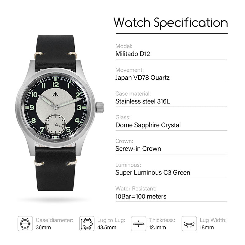 Militado 36mm Dirty Dozen Watch Tuxedo Heritage Watch D12