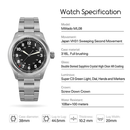 ★11.11 Sale★Militado 38mm Military Watch Vintage Field Watch ML08