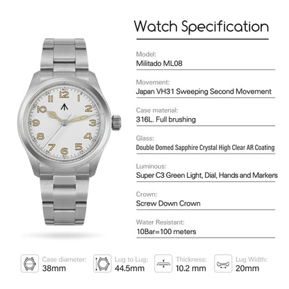 ★11.11 Sale★ Militado 38mm VH31 Retro Field Watch ML08