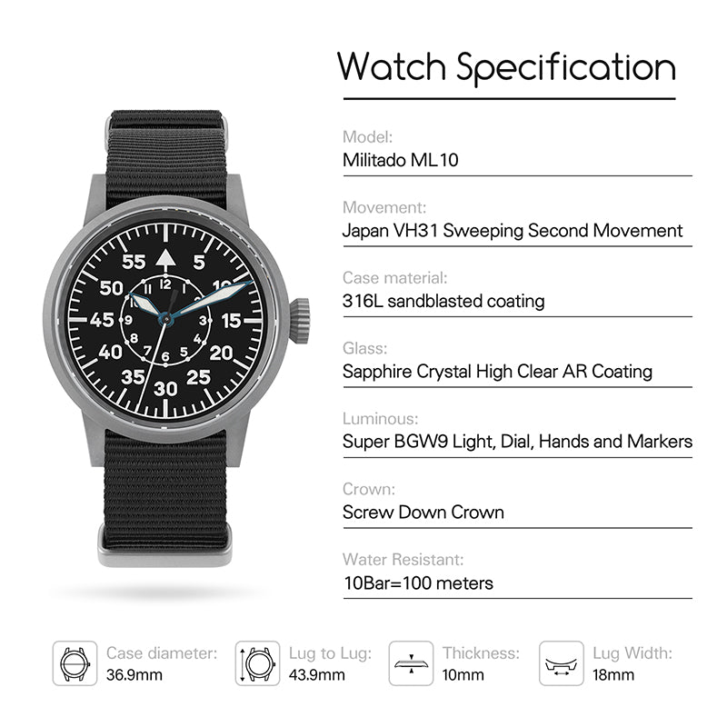 Militado 37mm Sapphire Crystal Retro Flieger Pilot Watch ML10 V2