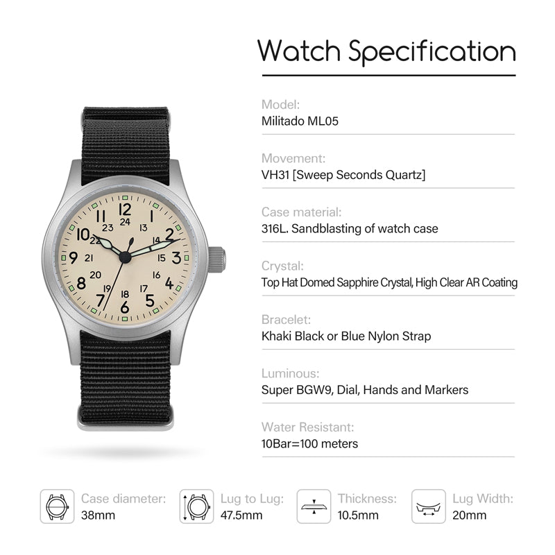 Militado 38mm Sapphire Crystal Field Military Watch ML05