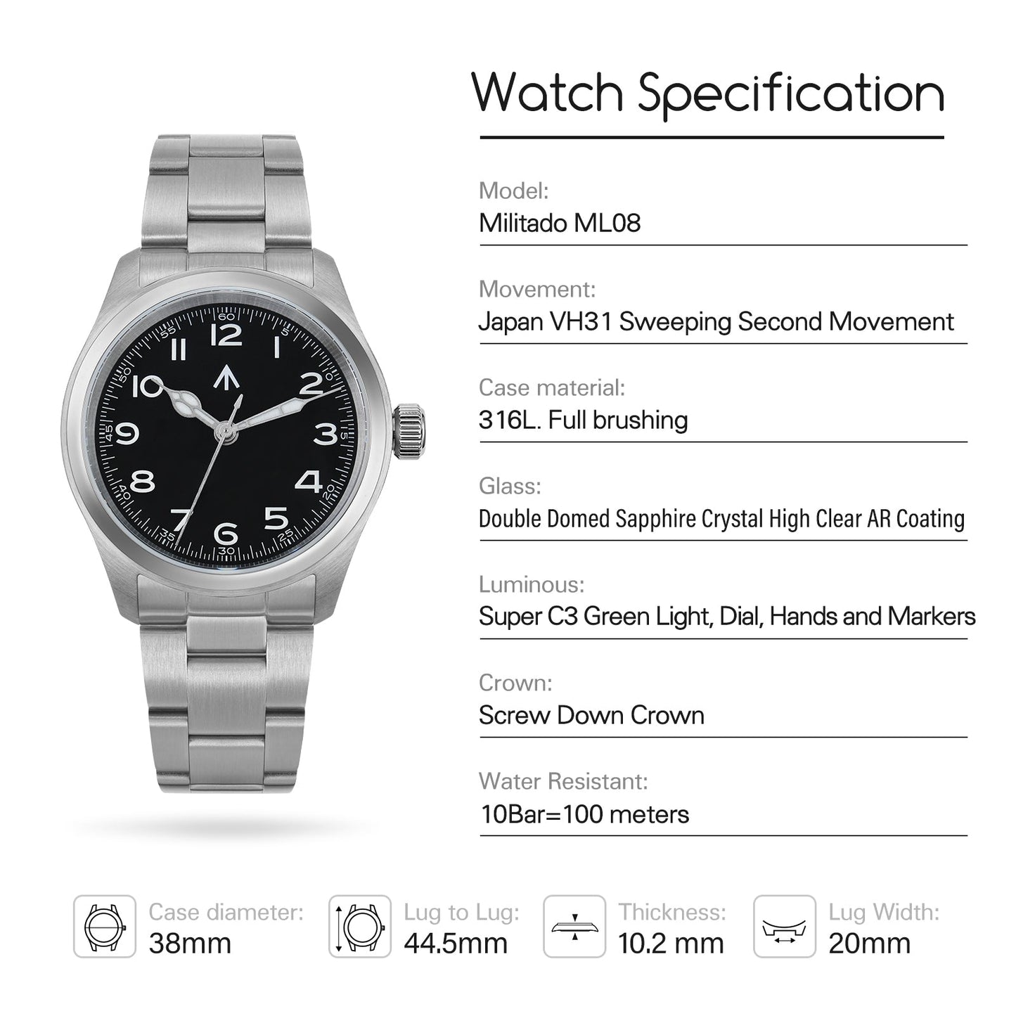 ★11.11 Sale★ Militado 38mm VH31 Retro Field Watch ML08