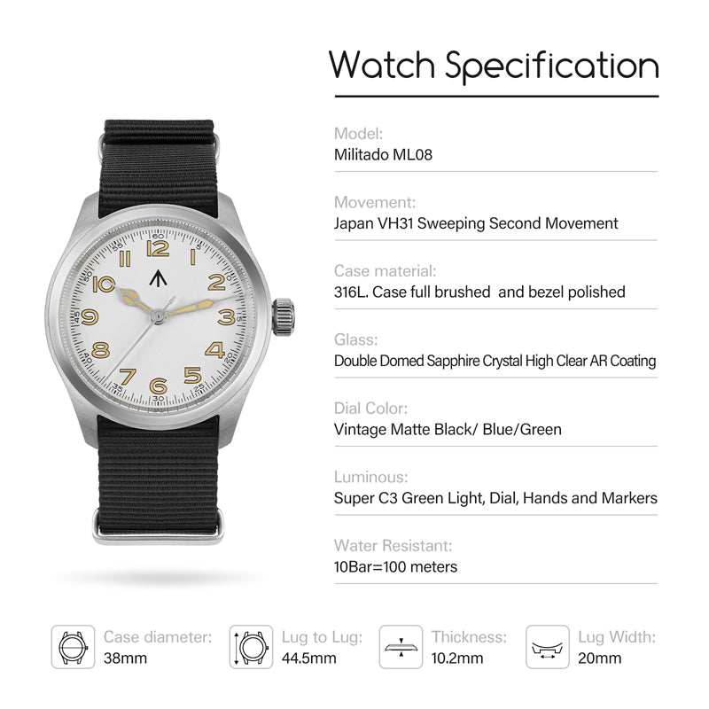 ★11.11 Sale★Militado VH31 38mm Sapphire Crystal Field Watch ML08 White Dial