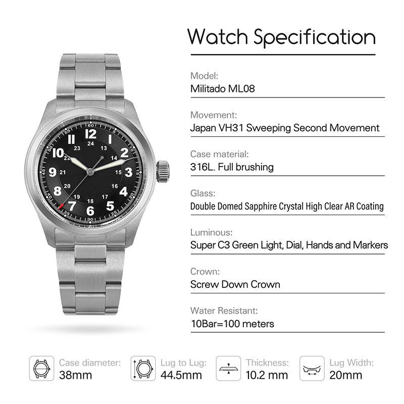 ★11.11 Sale★ Militado 38mm VH31 Retro Field Watch ML08