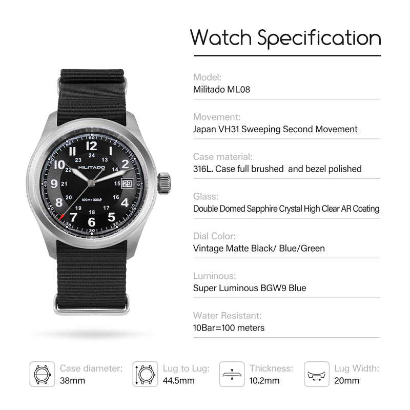 ★11.11 Sale★Militado VH31 38mm Sapphire Crystal Field Watch ML08 White Dial