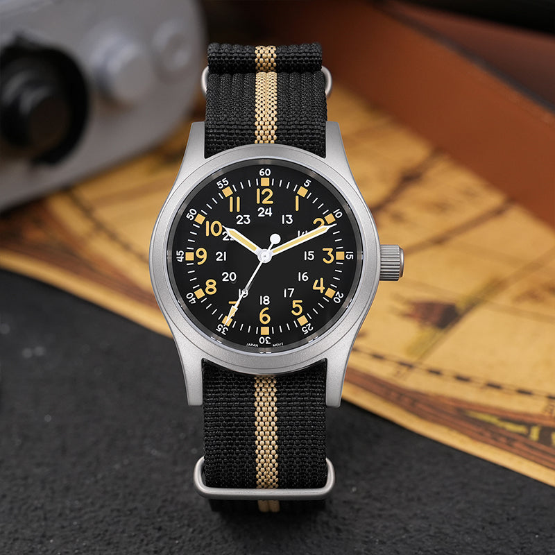 ★618 Big Sale★ Militado VH31 Vintage Field Watch ML05 24hours Black Dial