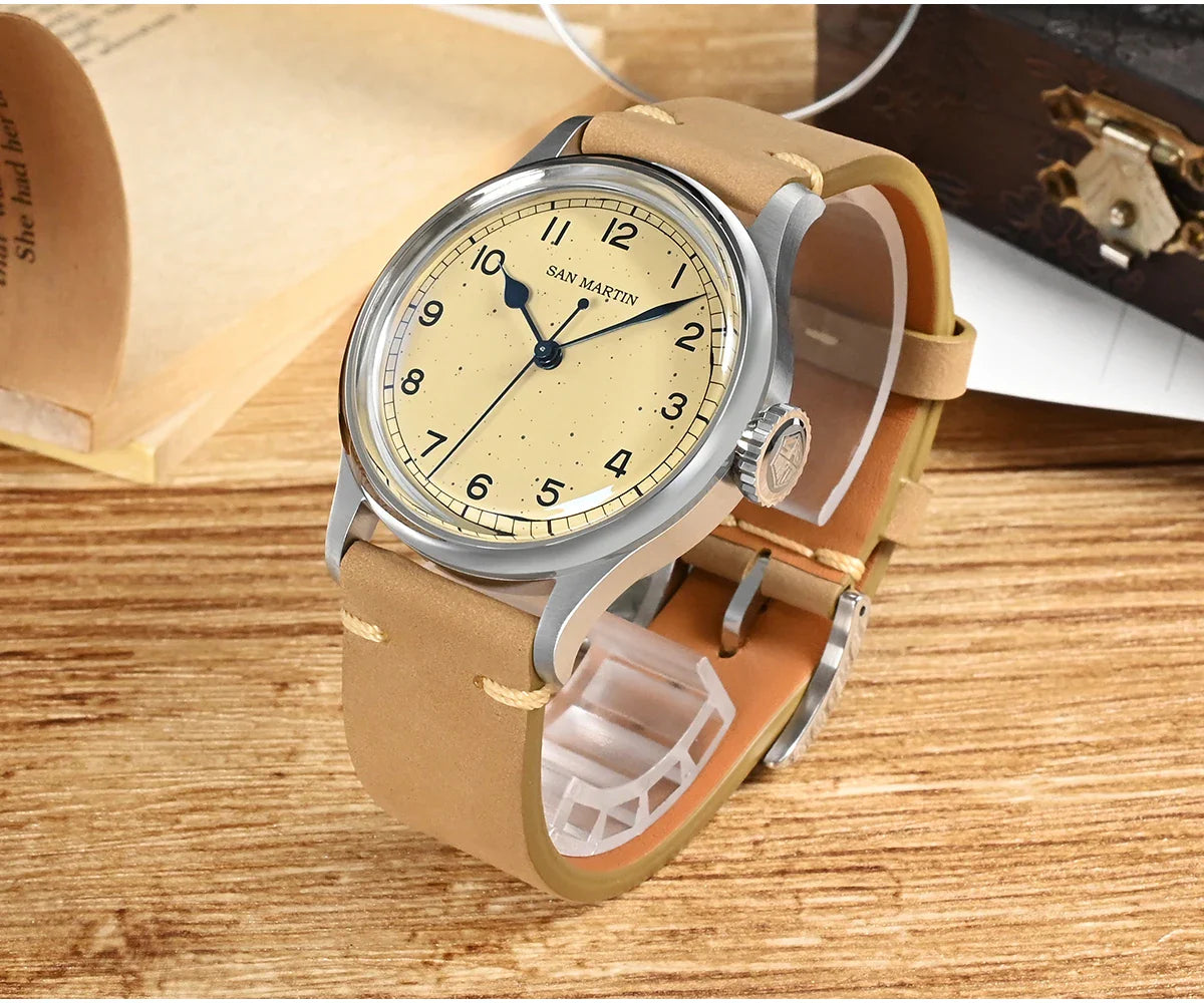 San Martin 38.5mm Men's Mechanical Watch NH35 Vintage Pilot Simple Fashion Wristwatch Baked Varnish Blue Hands 10 Bar Clock