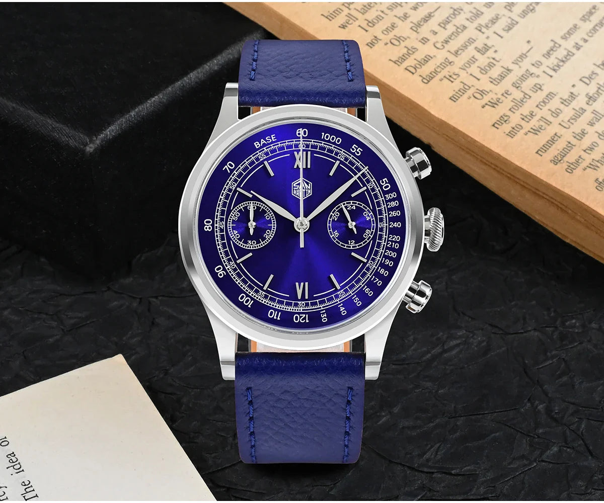San Martin Men Quartz Watch VK64 Chronograph 38mm SN0101  Sapphire Glass Quick Release Strap 5bar