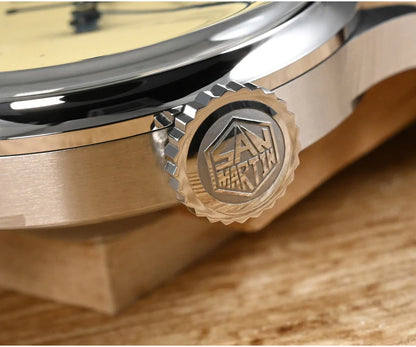 San Martin 38.5mm Men's Mechanical Watch NH35 Vintage Pilot Simple Fashion Wristwatch Baked Varnish Blue Hands 10 Bar Clock