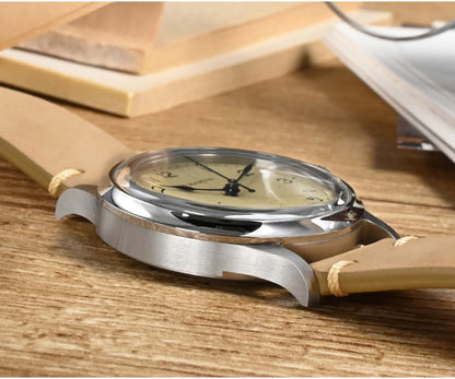 San Martin 38.5mm Men's Mechanical Watch NH35 Vintage Pilot Simple Fashion Wristwatch Baked Varnish Blue Hands 10 Bar Clock