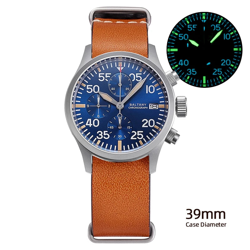 Baltany 39mm Military Chronograph Watch Man S5045 Sapphire Crystal 10ATM Stainless Steel VK67 Calendar Retro Quartz Wristwatches