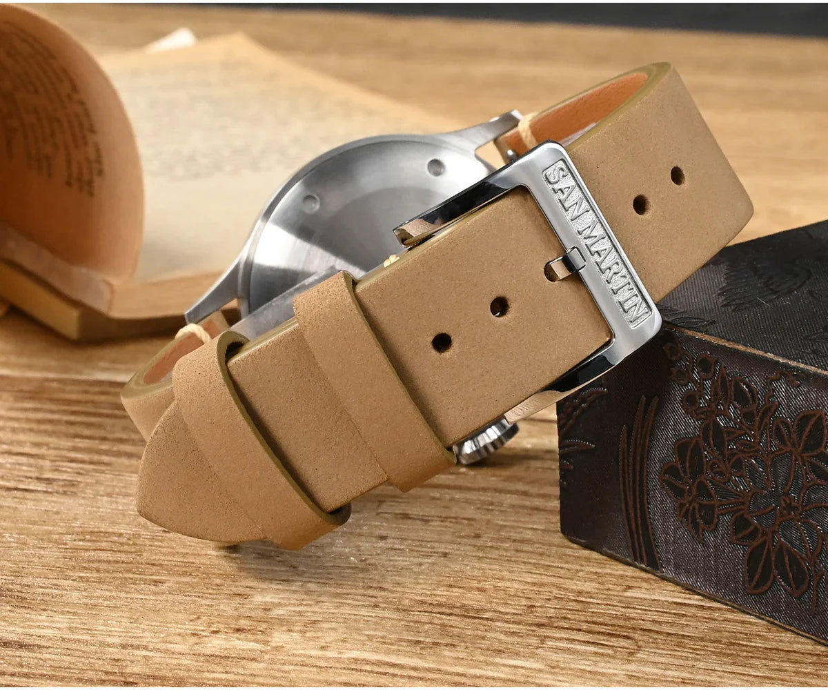 San Martin 38.5mm Men's Mechanical Watch NH35 Vintage Pilot Simple Fashion Wristwatch Baked Varnish Blue Hands 10 Bar Clock