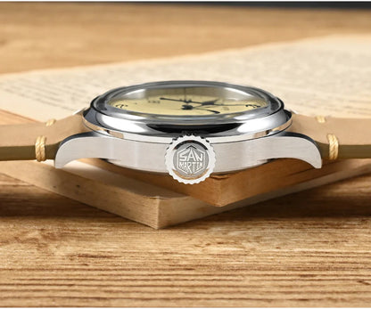 San Martin 38.5mm Men's Mechanical Watch NH35 Vintage Pilot Simple Fashion Wristwatch Baked Varnish Blue Hands 10 Bar Clock