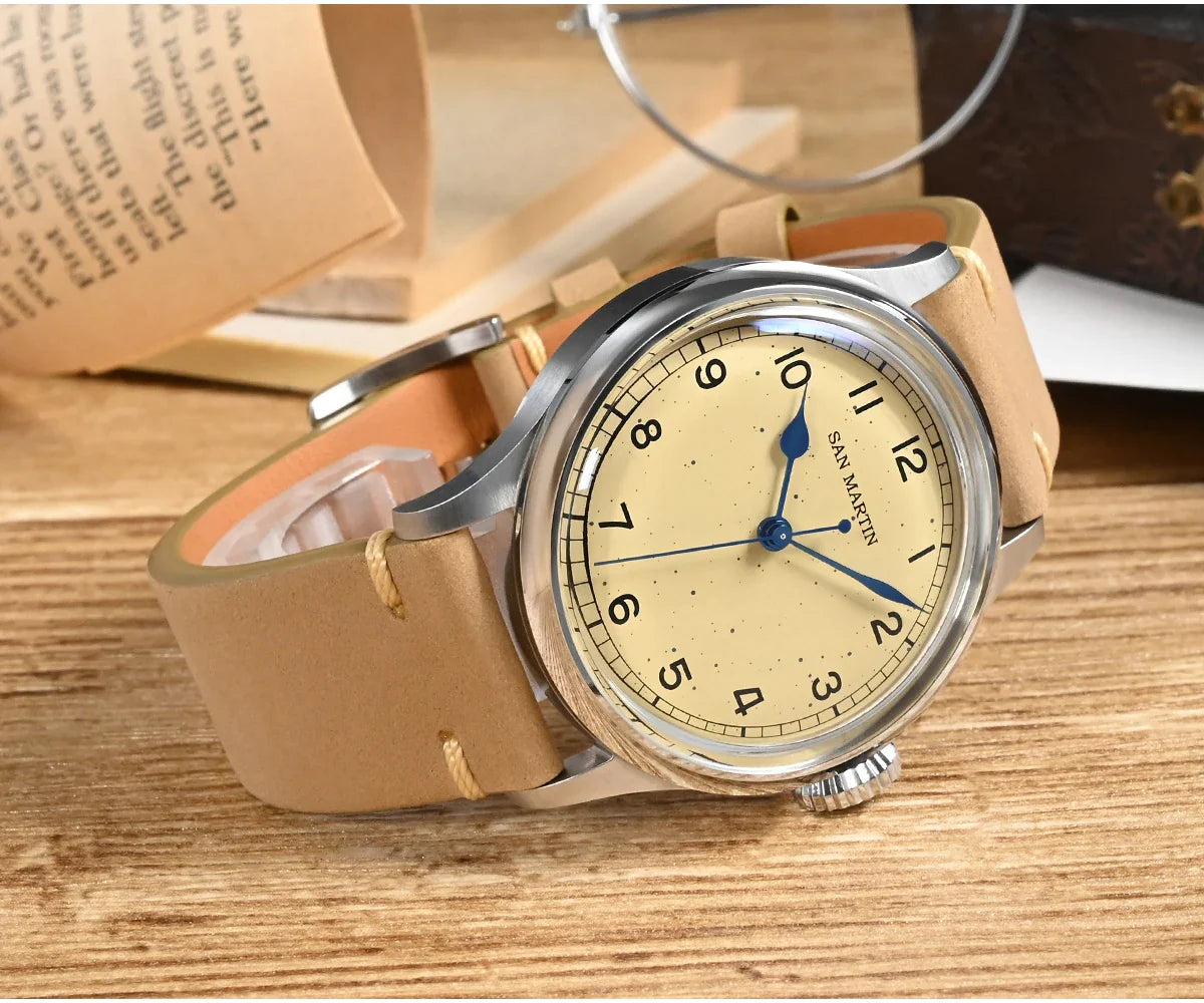 San Martin 38.5mm Men's Mechanical Watch NH35 Vintage Pilot Simple Fashion Wristwatch Baked Varnish Blue Hands 10 Bar Clock