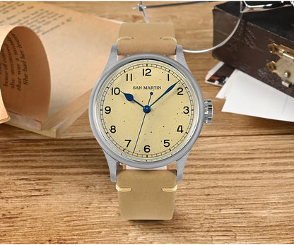 San Martin 38.5mm Men's Mechanical Watch NH35 Vintage Pilot Simple Fashion Wristwatch Baked Varnish Blue Hands 10 Bar Clock