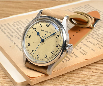 San Martin 38.5mm Men's Mechanical Watch NH35 Vintage Pilot Simple Fashion Wristwatch Baked Varnish Blue Hands 10 Bar Clock