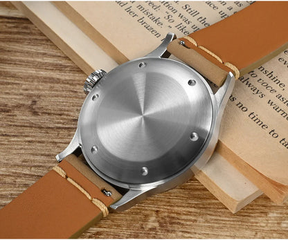 San Martin 38.5mm Men's Mechanical Watch NH35 Vintage Pilot Simple Fashion Wristwatch Baked Varnish Blue Hands 10 Bar Clock