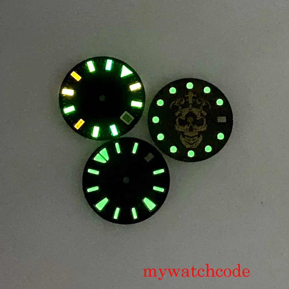 For NH35 Movement 28.5mm Luminous Sterile Black Brown Blue Watch Dial With Date Window Skull Pattern For 3&4.2 O'Clock Crown