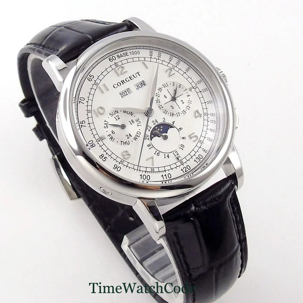 Corgeut Moon Phase Watch 42mm Seagull St1655 Automatic Day Date Month Calendar Glass Back 42MM 3ATM