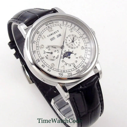 Corgeut Moon Phase Watch 42mm Seagull St1655 Automatic Day Date Month Calendar Glass Back 42MM 3ATM