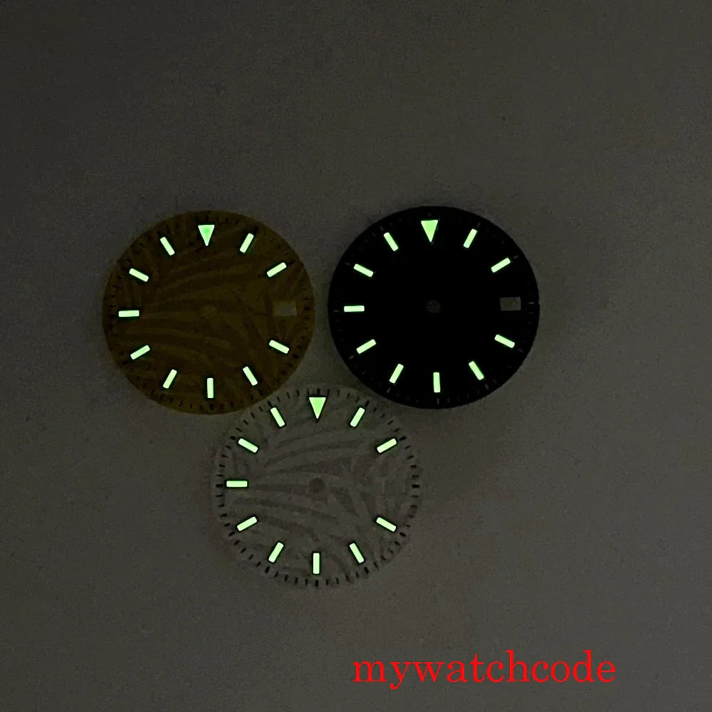 29mm Luminous Dark Green White Gold Sterile Watch Dial With Date Window For NH35 Movement Leaf Pattern High Quality Watch Parts
