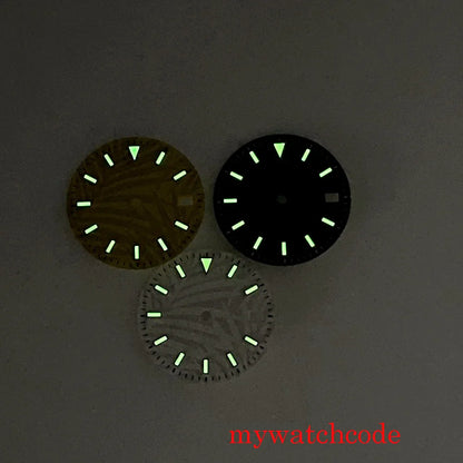 29mm Luminous Dark Green White Gold Sterile Watch Dial With Date Window For NH35 Movement Leaf Pattern High Quality Watch Parts