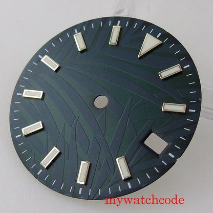 29mm Luminous Dark Green White Gold Sterile Watch Dial With Date Window For NH35 Movement Leaf Pattern High Quality Watch Parts