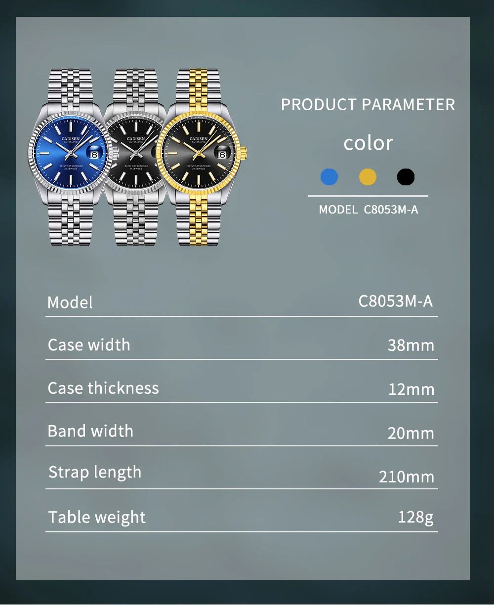 CADISEN C8053 Dress Watch Date Just  miyota 8215 Automatic 38MM Sapphire 5Bar