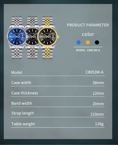CADISEN C8053 Dress Watch Date Just  miyota 8215 Automatic 38MM Sapphire 5Bar