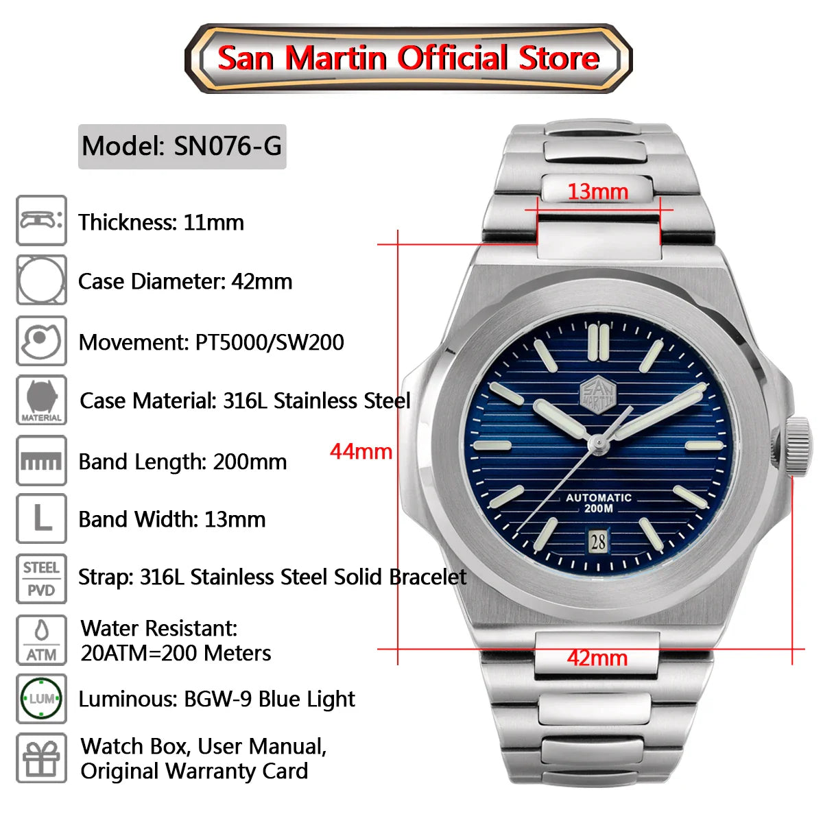 San Martin SN0076 42mm PT5000 Sw200 Automatic Dress Watch 20bar AR Sapphire BGW9 Lume