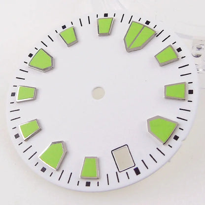 High Quality 28.5mm White Dial With Green Marks For NH35 Automatic Movement Date Window