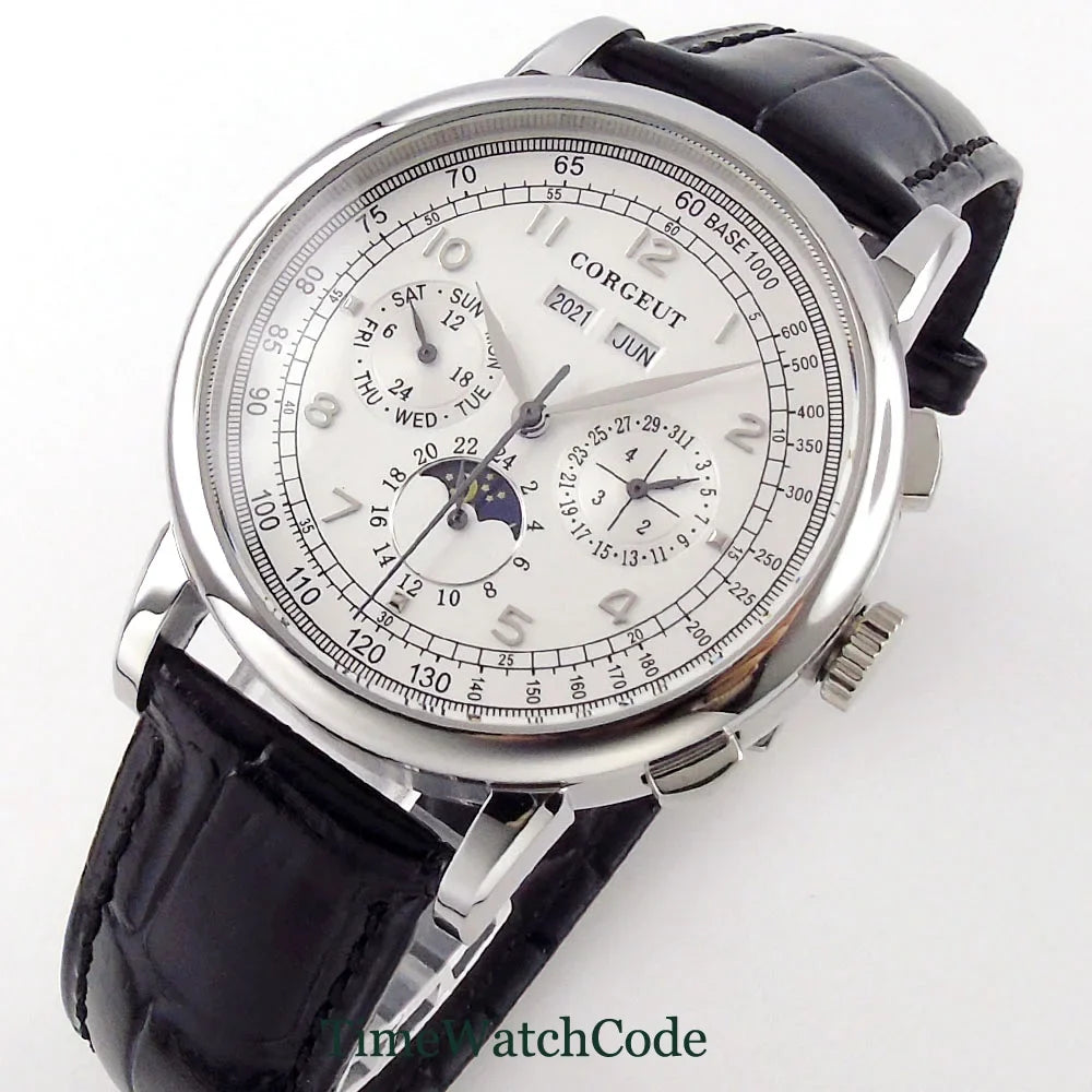 Corgeut Moon Phase Watch 42mm Seagull St1655 Automatic Day Date Month Calendar Glass Back 42MM 3ATM