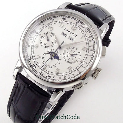 Corgeut Moon Phase Watch 42mm Seagull St1655 Automatic Day Date Month Calendar Glass Back 42MM 3ATM