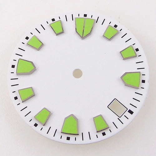 High Quality 28.5mm White Dial With Green Marks For NH35 Automatic Movement Date Window