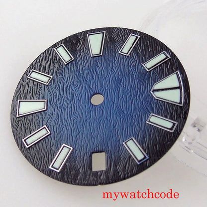 For NH35 Movement 28.5mm Luminous Sterile Black Brown Blue Watch Dial With Date Window Skull Pattern For 3&4.2 O'Clock Crown